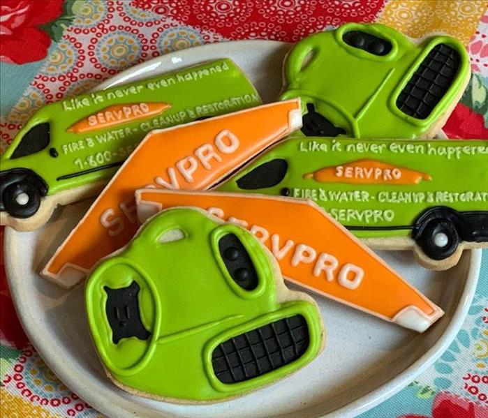 Frosted sugar cookies of SERVPRO logo and equipment